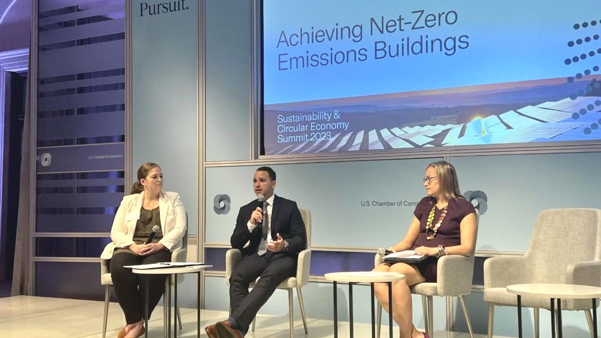 Photograph of Lindsey Falasca, Director of Net-Zero Federal Buildings for the White House Council on Environmental Quality; Mike Kazmierczak, Vice President of Decarbonization for Schneider Electric; and Mandy Mahoney, Director of the U.S. Department of Energy’s Building Technologies Office onstage at the 2023 Federal Sustainability Summit.