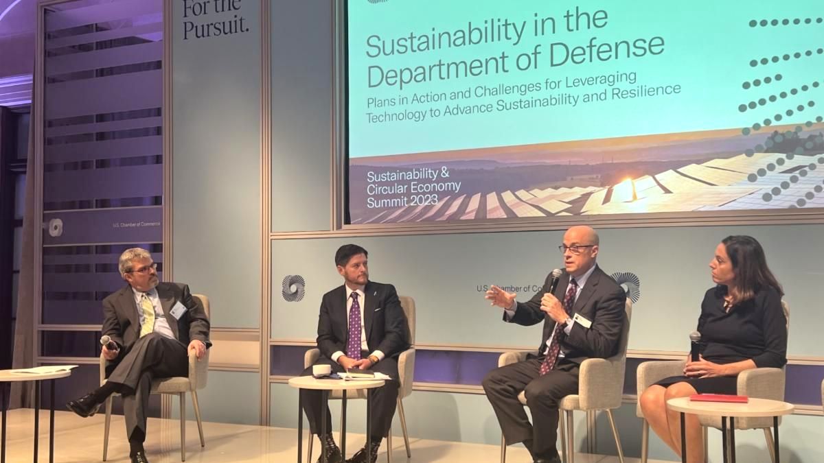 Photograph of John Conger, Director Emeritus of the Center for Climate & Security; Brendan Owens, the U.S. Department of Defense’s Chief Sustainability Officer; Paul Farnan, Principal Deputy Assistant Secretary of the Army for Installations, Energy, and Environment; and Deborah Loomis, Senior Advisor for Climate Change to the Secretary of the U.S. Navy onstage at the 2023 Federal Sustainability Summit.