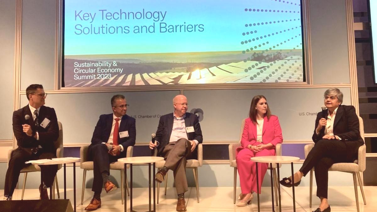 Photograph of DCA Executive Director Tom Lawler, Alphastruxure's Juan Macias, Nautilus’ Jim Connaughton, Cummins' Traci Kraus, and BHP’s Vandita Pant onstage at the 2023 Federal Sustainability Summit.