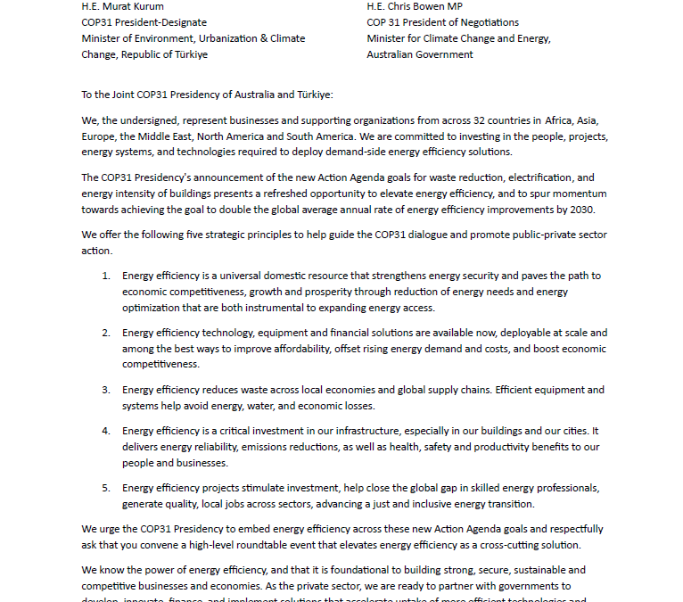 197 Global Businesses & Supporting Partners Call on COP31 Presidency to Elevate Energy Efficiency in November